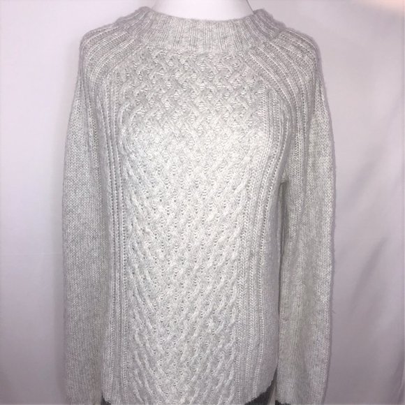 Anthropologie SPARROW Cable Knit Sweater XL Grey Black Trim Tunic Mock Neck - Picture 3 of 13